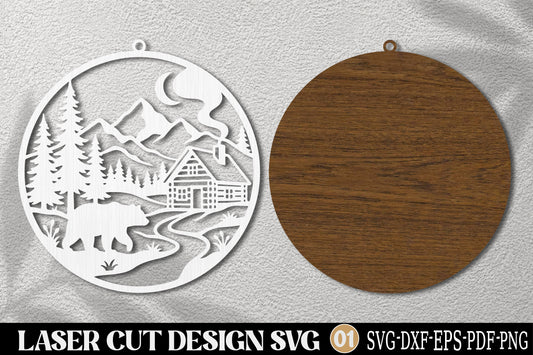 Mountain Cabin Christmas Ornament SVG | Winter Landscape Laser Cut Design