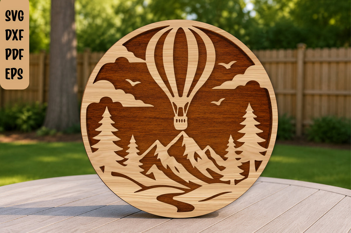 Hot Air Balloon Mountain Landscape Laser Cut SVG