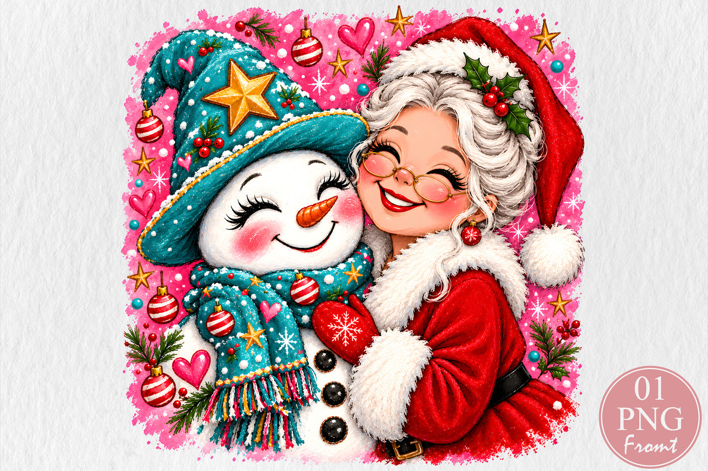Mrs Claus Hugging Snowman Christmas PNG