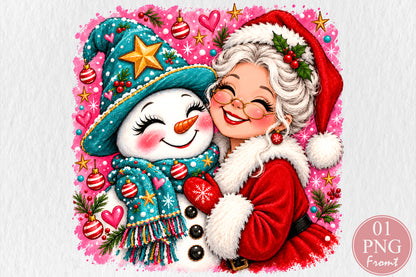 Mrs Claus Hugging Snowman Christmas PNG