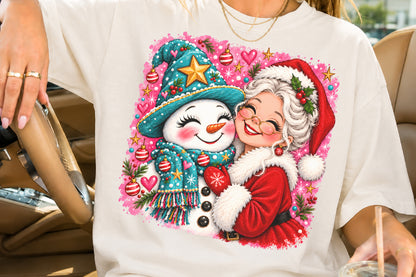 Mrs Claus Hugging Snowman Christmas PNG