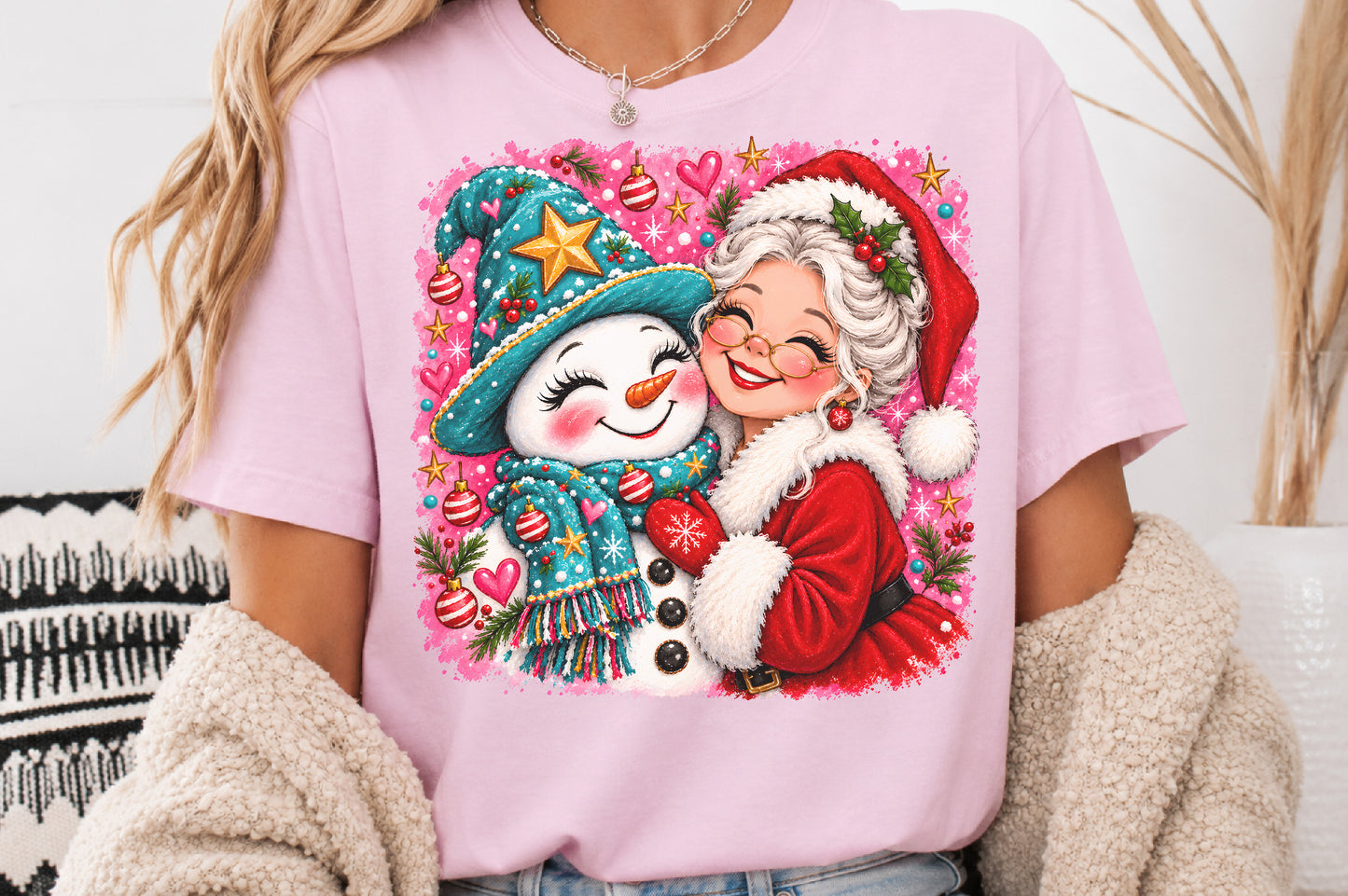 Mrs Claus Hugging Snowman Christmas PNG