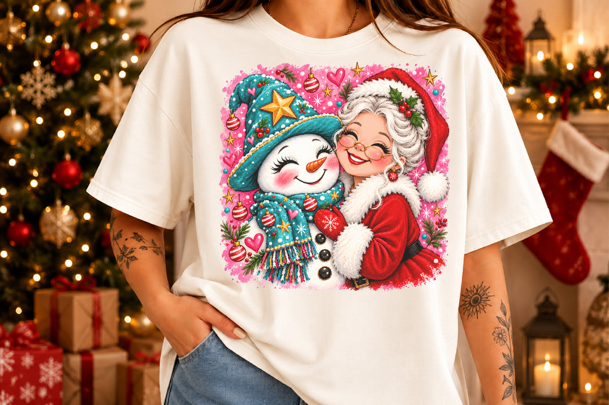 Mrs Claus Hugging Snowman Christmas PNG