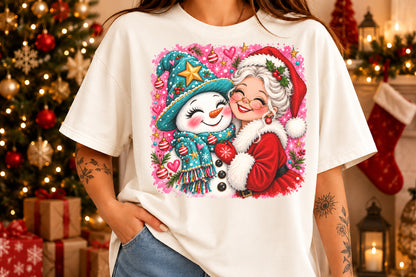Mrs Claus Hugging Snowman Christmas PNG