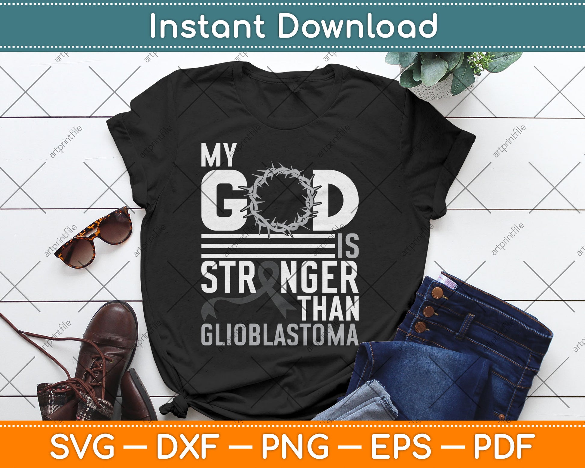 My God Is Stronger Than Glioblastoma Awareness Ribbon Svg Digital Cutting File