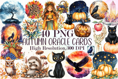 Mysterious Autumn Oracle Cards Watercolor PNG Bundle