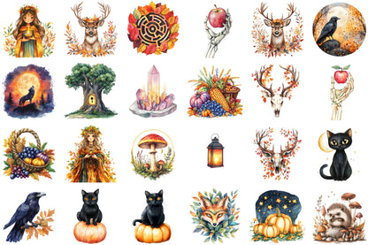 Mysterious Autumn Oracle Cards Watercolor PNG Bundle
