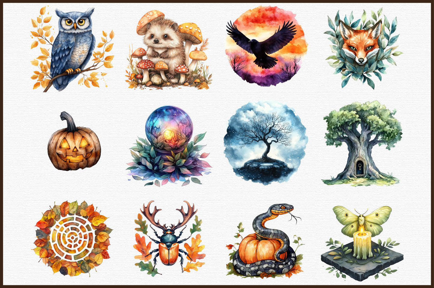 Mysterious Autumn Oracle Cards Watercolor PNG Bundle