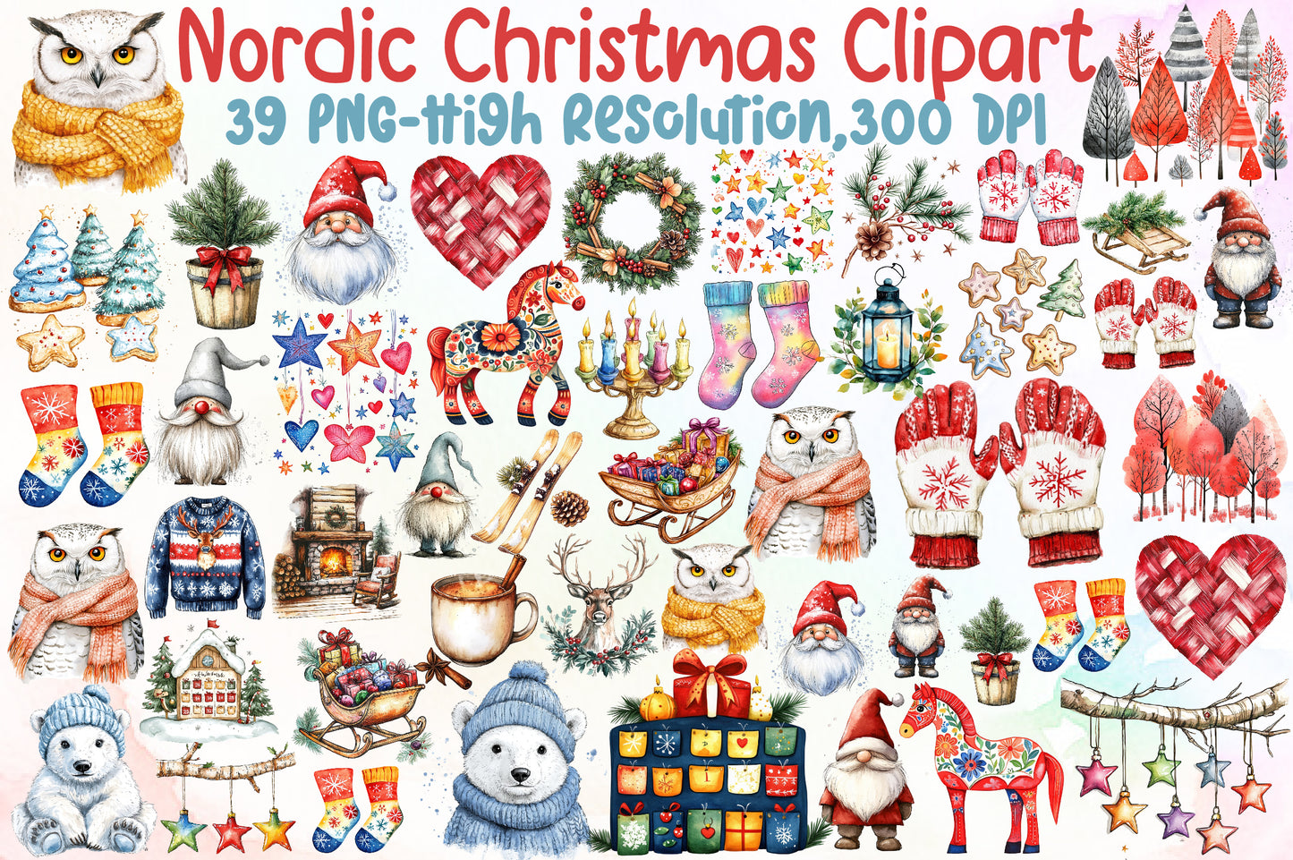 Nordic Christmas Clipart Scandinavian Winter PNG Bundle