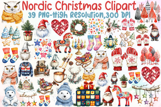 Nordic Christmas Clipart Scandinavian Winter PNG Bundle