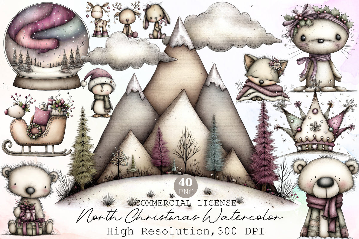 North Christmas Watercolor Clipart PNG Bundle