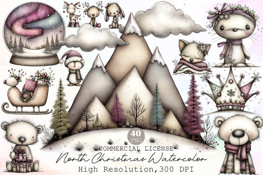 North Christmas Watercolor Clipart PNG Bundle