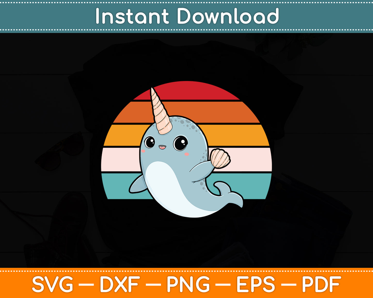 Ocean Animal Whale Lover Ocean Mammal Retro Narwhal Svg Png Dxf Digital Cutting File