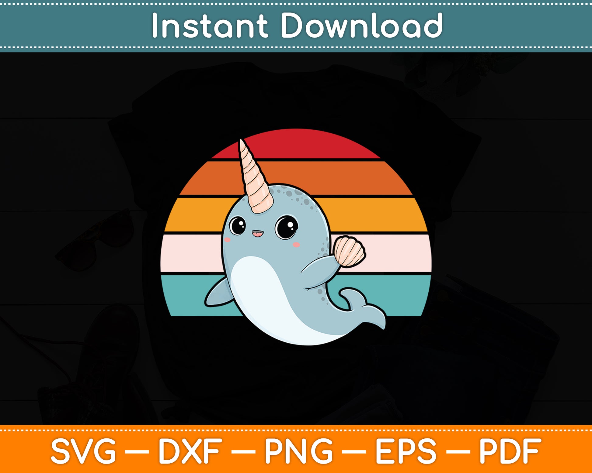 Ocean Animal Whale Lover Ocean Mammal Retro Narwhal Svg Png Dxf Digital Cutting File