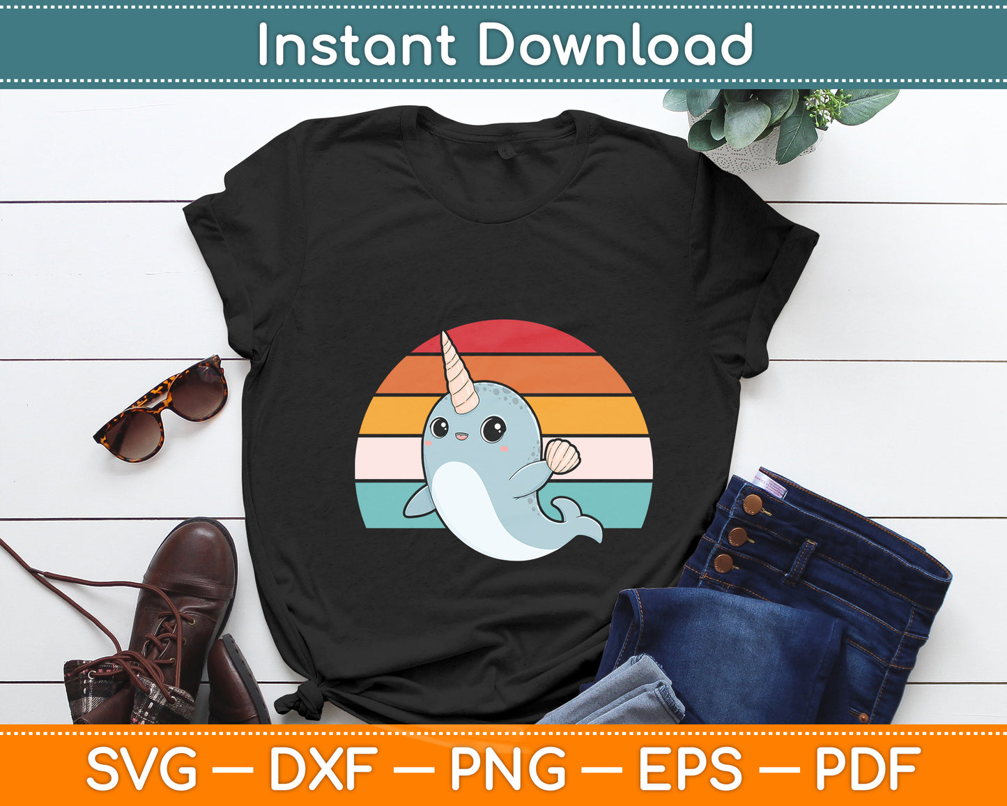 Ocean Animal Whale Lover Ocean Mammal Retro Narwhal Svg Png Dxf Digital Cutting File