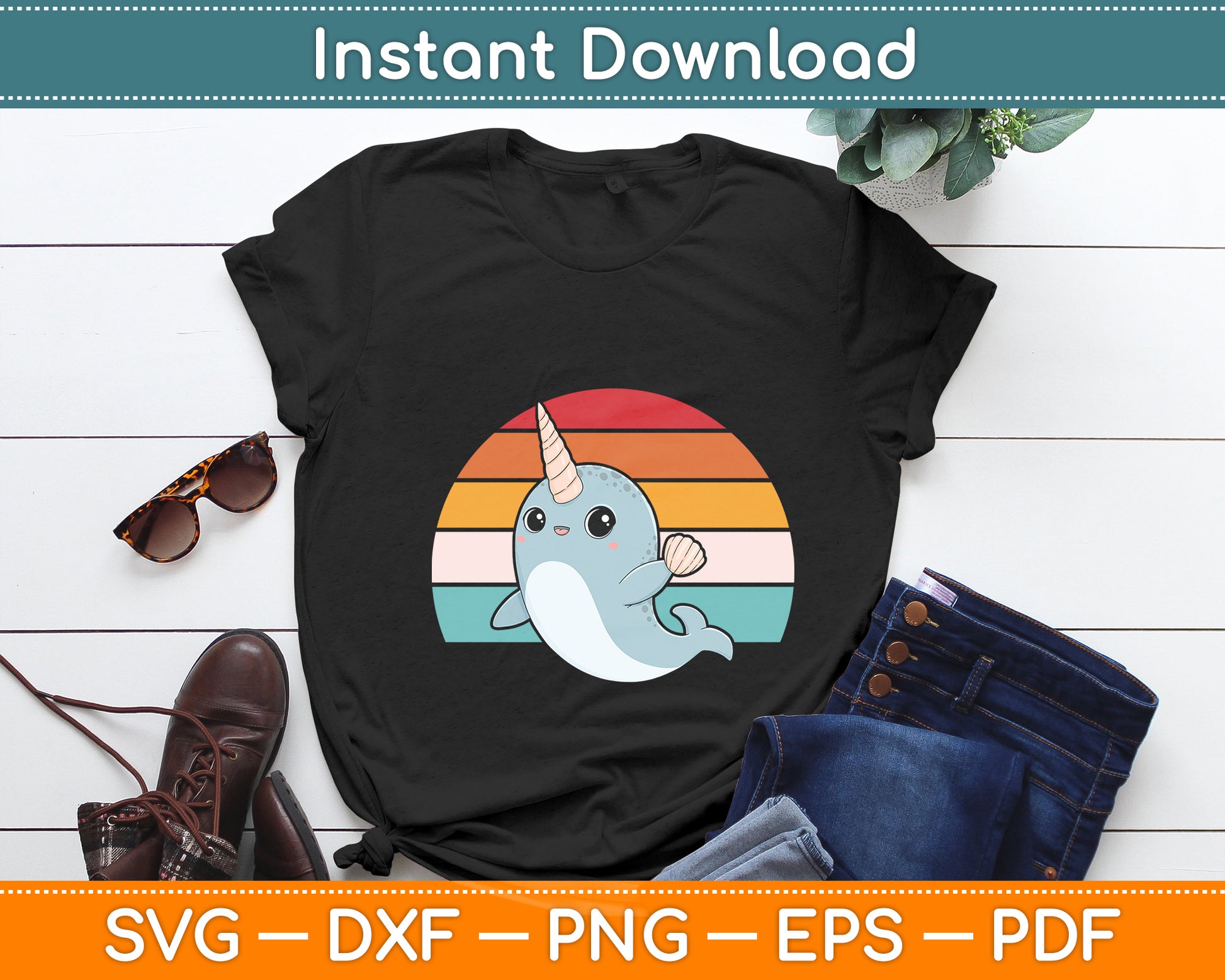Ocean Animal Whale Lover Ocean Mammal Retro Narwhal Svg Png Dxf Digital Cutting File