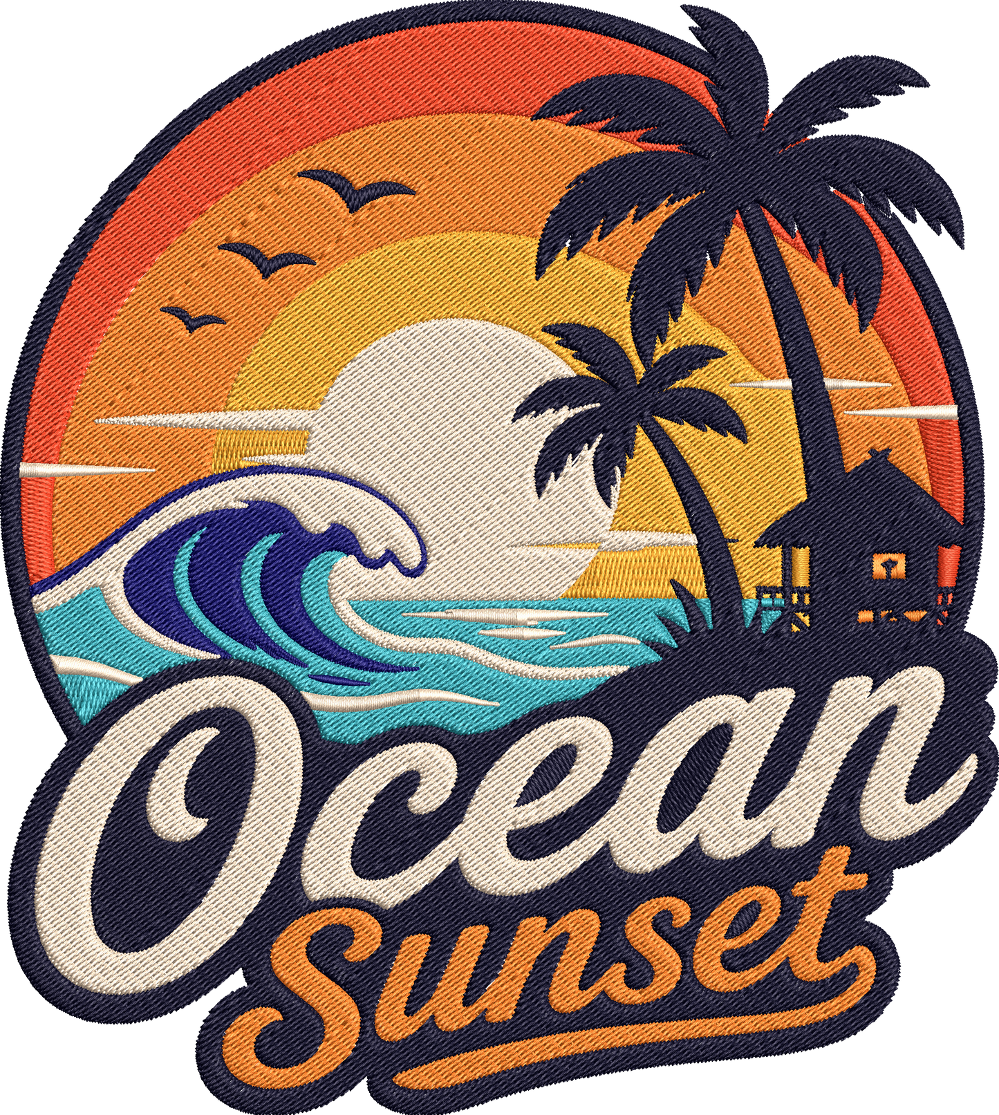 Ocean Sunset Embroidery Design, Tropical Beach Sunset Machine Embroidery Pattern, Palm Trees Ocean Waves Island Embroidery Design
