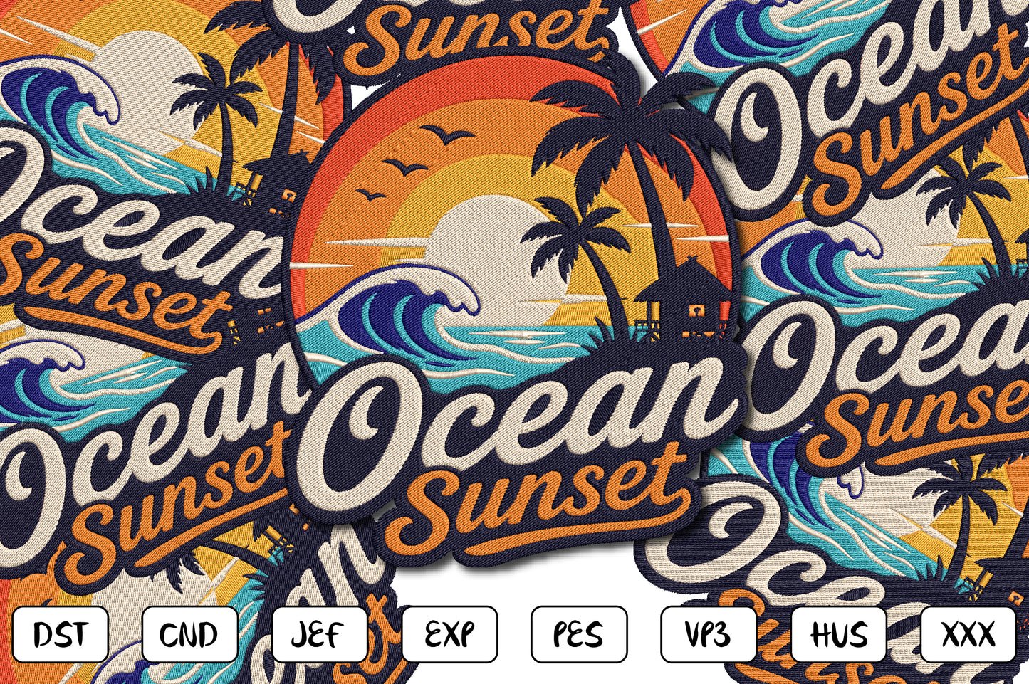 Ocean Sunset Embroidery Design, Tropical Beach Sunset Machine Embroidery Pattern, Palm Trees Ocean Waves Island Embroidery Design