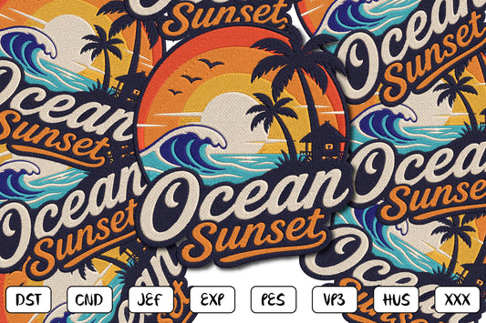 Ocean Sunset Embroidery Design, Tropical Beach Sunset Machine Embroidery Pattern, Palm Trees Ocean Waves Island Embroidery Design
