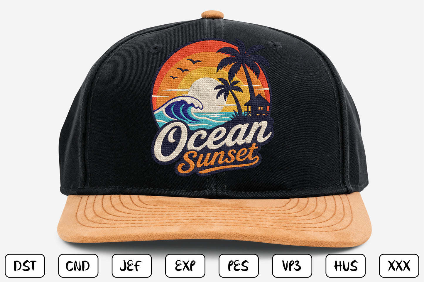 Ocean Sunset Embroidery Design, Tropical Beach Sunset Machine Embroidery Pattern, Palm Trees Ocean Waves Island Embroidery Design
