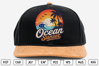 Ocean Sunset Embroidery Design, Tropical Beach Sunset Machine Embroidery Pattern, Palm Trees Ocean Waves Island Embroidery Design