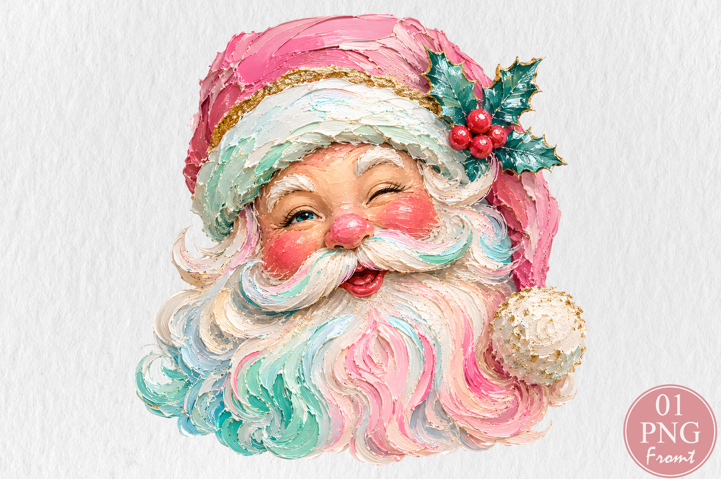 Oil Painting Santa Claus Face PNG Pink Pastel Christmas Sublimation Design