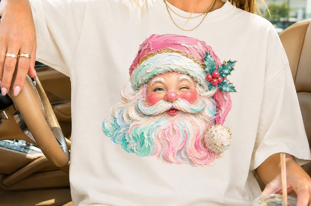 Oil Painting Santa Claus Face PNG Pink Pastel Christmas Sublimation Design