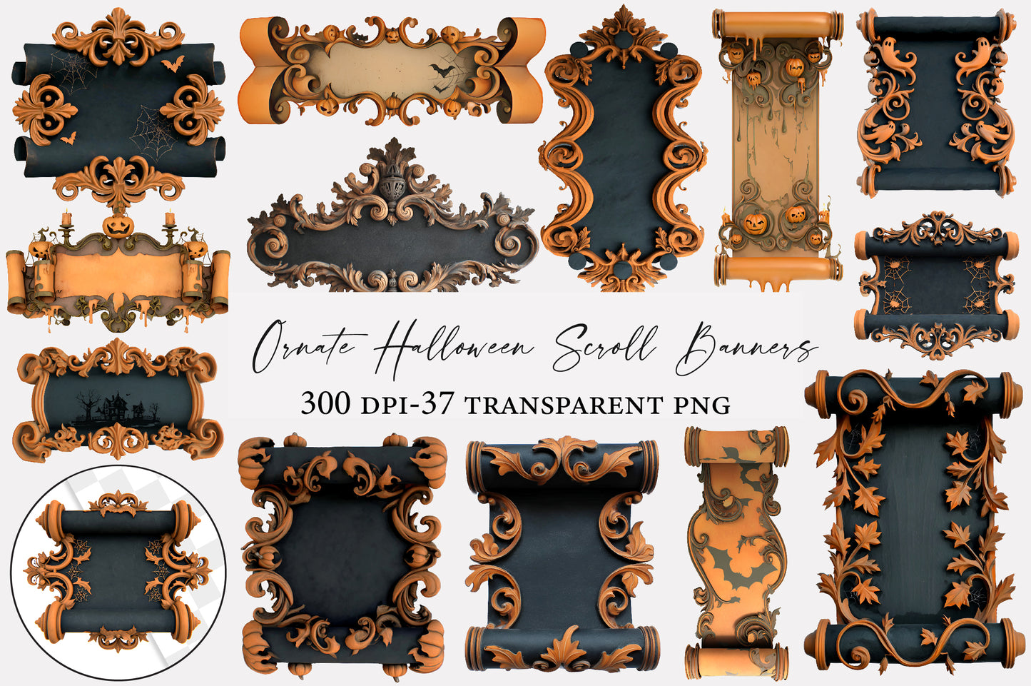 Ornate Halloween Scroll Banners PNG | Gothic Vintage Halloween Frames & Borders | 37 Transparent PNG Bundle