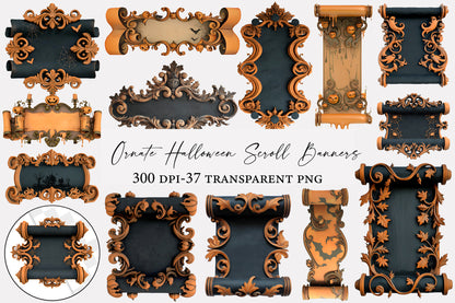 Ornate Halloween Scroll Banners PNG | Gothic Vintage Halloween Frames & Borders | 37 Transparent PNG Bundle