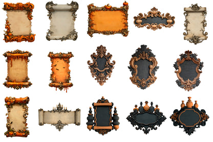 Ornate Halloween Scroll Banners PNG | Gothic Vintage Halloween Frames & Borders | 37 Transparent PNG Bundle