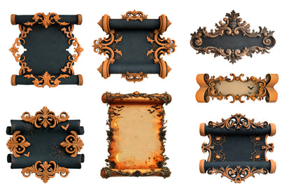 Ornate Halloween Scroll Banners PNG | Gothic Vintage Halloween Frames & Borders | 37 Transparent PNG Bundle