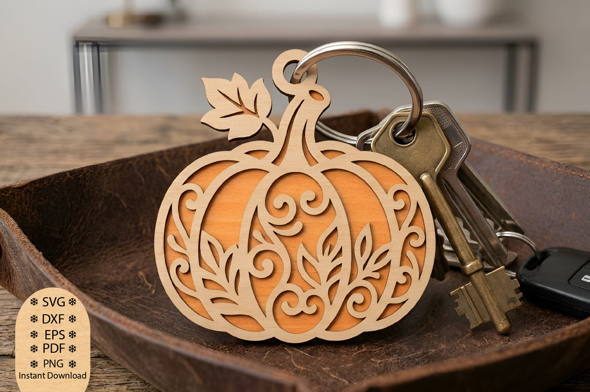 Ornate Pumpkin Keychain Laser Cut SVG, Halloween Pumpkin Keychain Cut File, Fall Pumpkin Keychain SVG, Autumn Craft Design