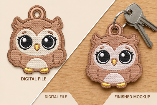 Cute Owl Keychain Embroidery Design – Adorable Owl Machine Embroidery Pattern, Woodland Owl Key Fob & Bag Charm Embroidery Design