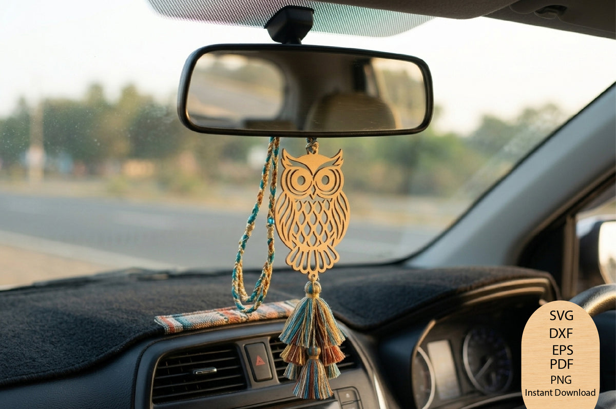 Owl Car Hanging Laser Cut SVG, Owl Rearview Mirror Charm Cut File