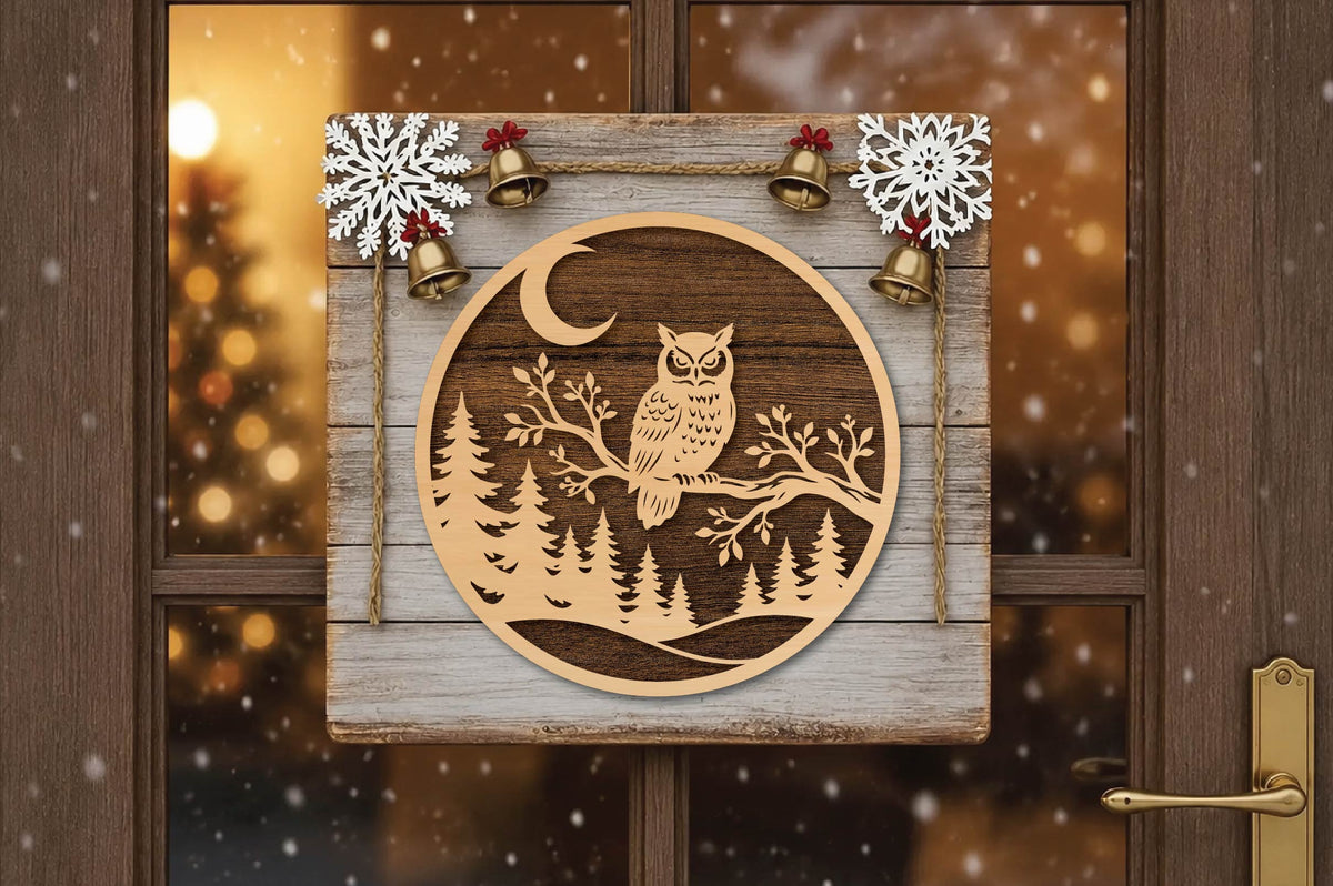 Owl Forest Christmas Laser Cut SVG, Woodland Owl Ornament Cut File, Winter Forest Christmas Decor