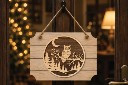 Owl Forest Christmas Laser Cut SVG, Woodland Owl Ornament Cut File, Winter Forest Christmas Decor