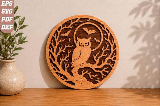 Owl Moon Night Round Laser Cut SVG