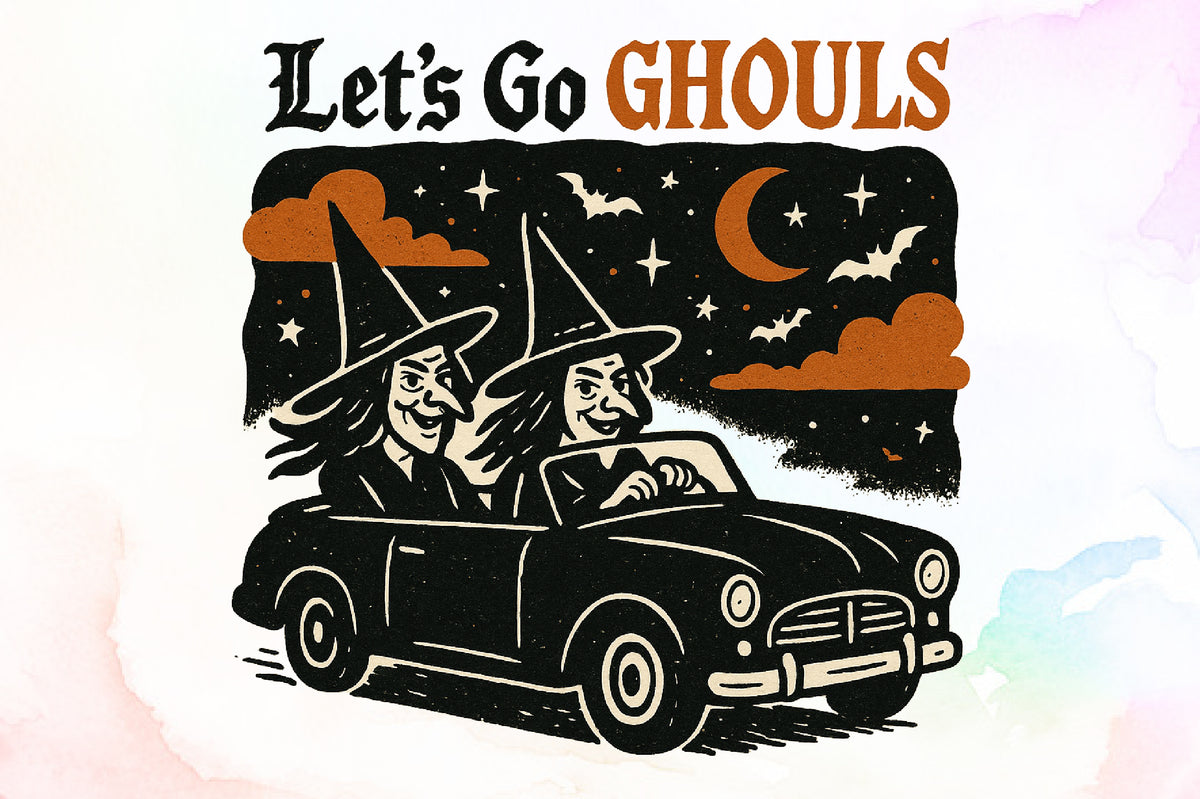 Let’s Go Ghouls Halloween Witch Car Vintage Spooky PNG