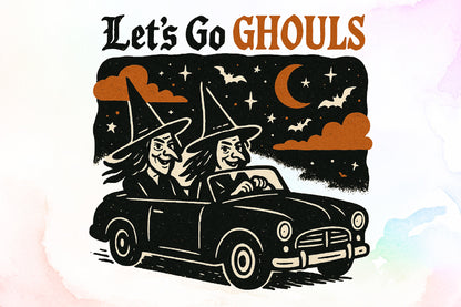 Let’s Go Ghouls Halloween Witch Car Vintage Spooky PNG