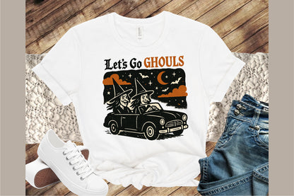Let’s Go Ghouls Halloween Witch Car Vintage Spooky PNG
