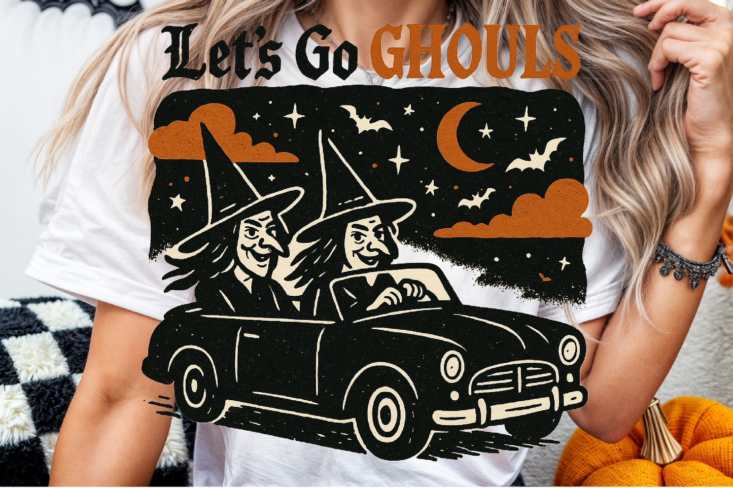Let’s Go Ghouls Halloween Witch Car Vintage Spooky PNG