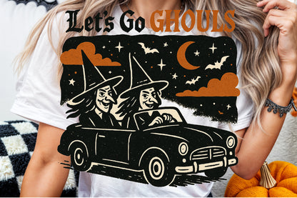 Let’s Go Ghouls Halloween Witch Car Vintage Spooky PNG