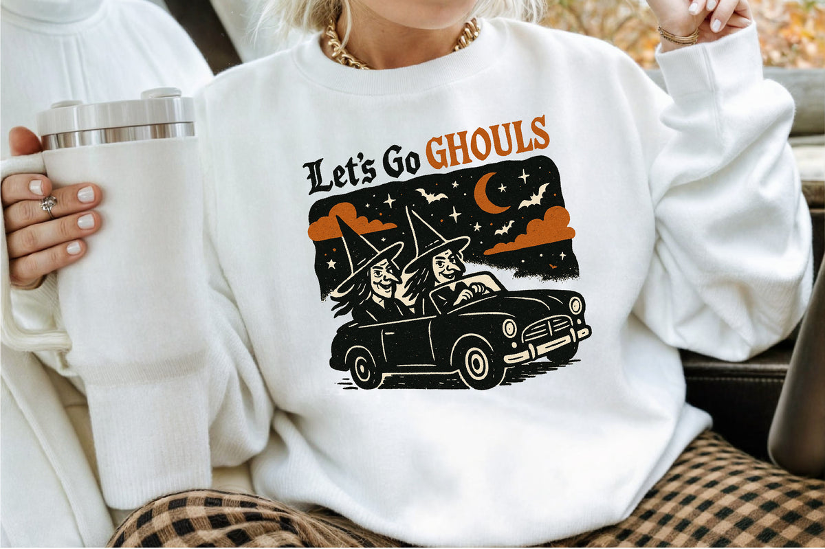 Let’s Go Ghouls Halloween Witch Car Vintage Spooky PNG
