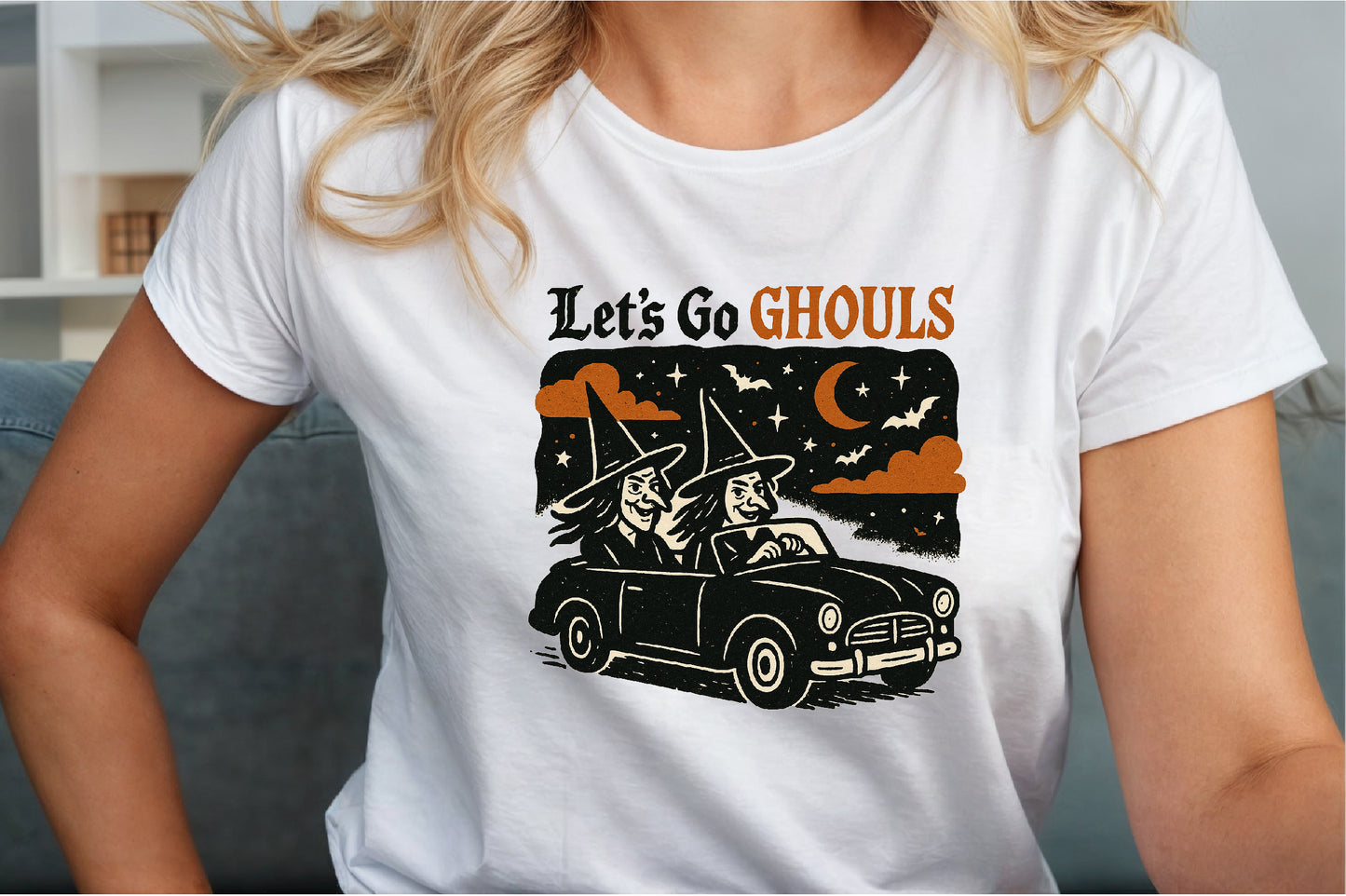 Let’s Go Ghouls Halloween Witch Car Vintage Spooky PNG