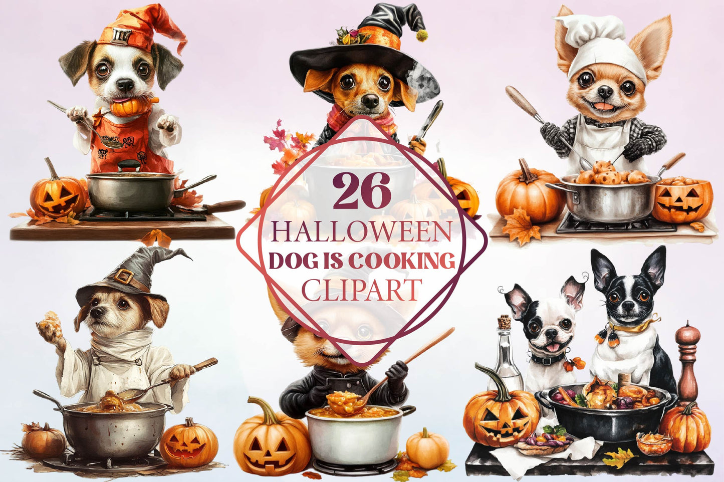 26 Halloween Dog Cooking Clipart PNG Bundle