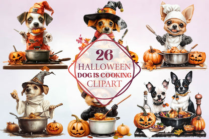 26 Halloween Dog Cooking Clipart PNG Bundle