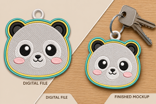 Cute Panda Keychain Embroidery Design – Adorable Panda Bear Machine Embroidery Pattern, Kawaii Panda Key Fob & Bag Charm Embroidery Design