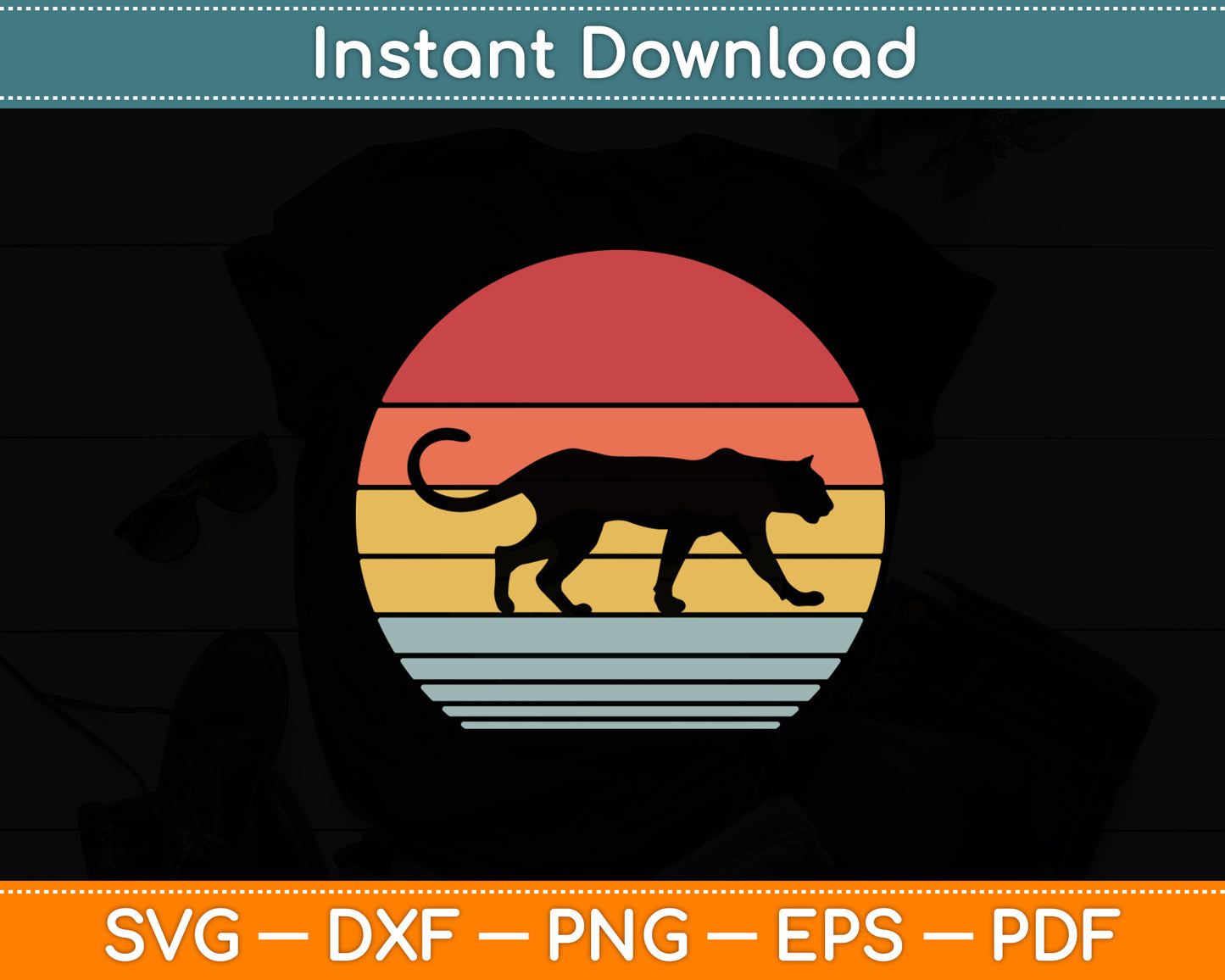 Panther Retro Vintage 60s 70s Sunset Mammal Animal Svg Png Dxf Digital Cutting File