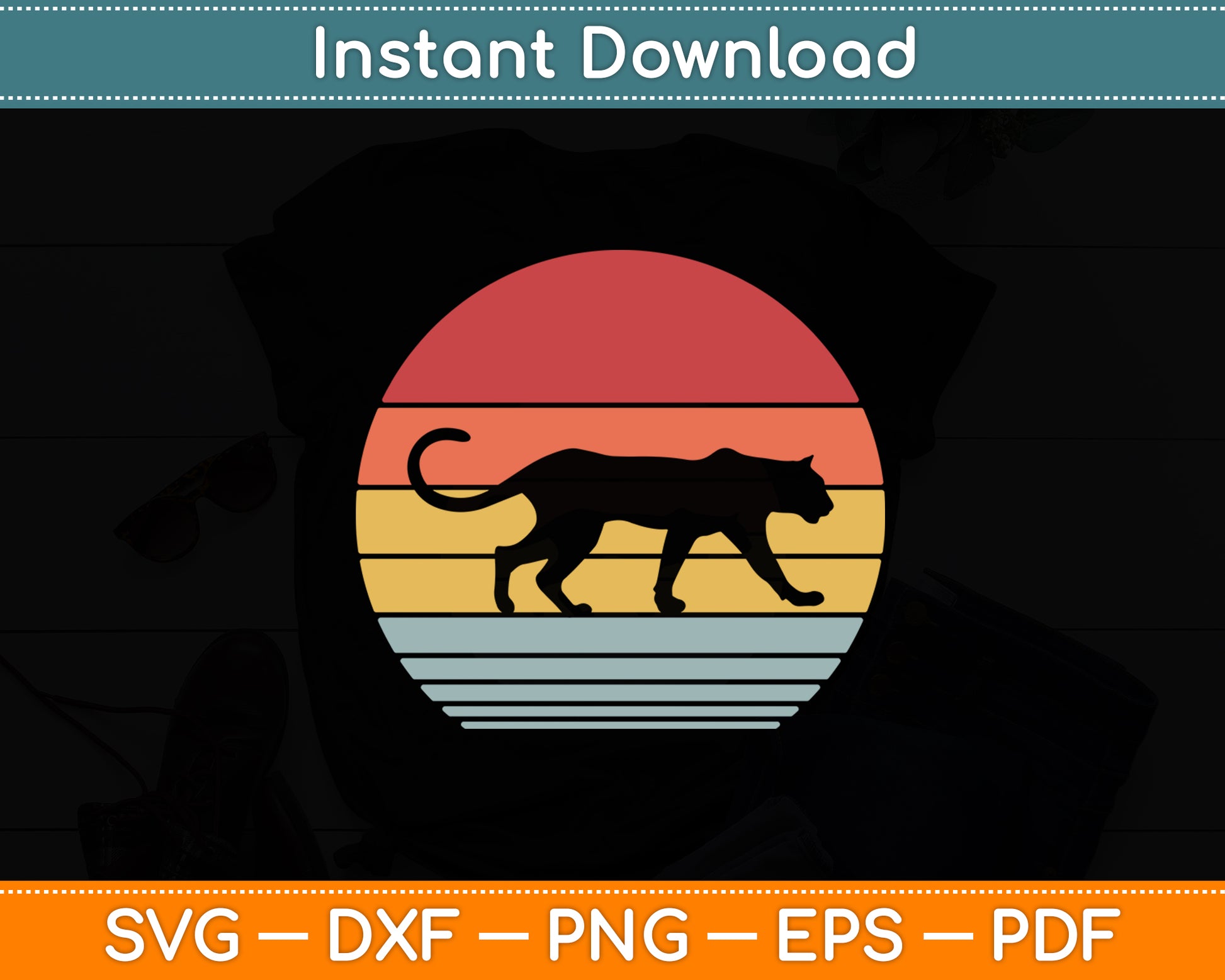 Panther Retro Vintage 60s 70s Sunset Mammal Animal Svg Png Dxf Digital Cutting File