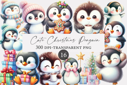 Cute Christmas Penguin Clipart PNG Pastel Winter Holiday Sublimation